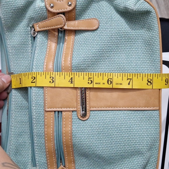 STONE MOUNTAIN SEA GREENISH BLUE CANVAS W/ TAN TRIM SHOULDER BAG & WALLET - Picture 16 of 16